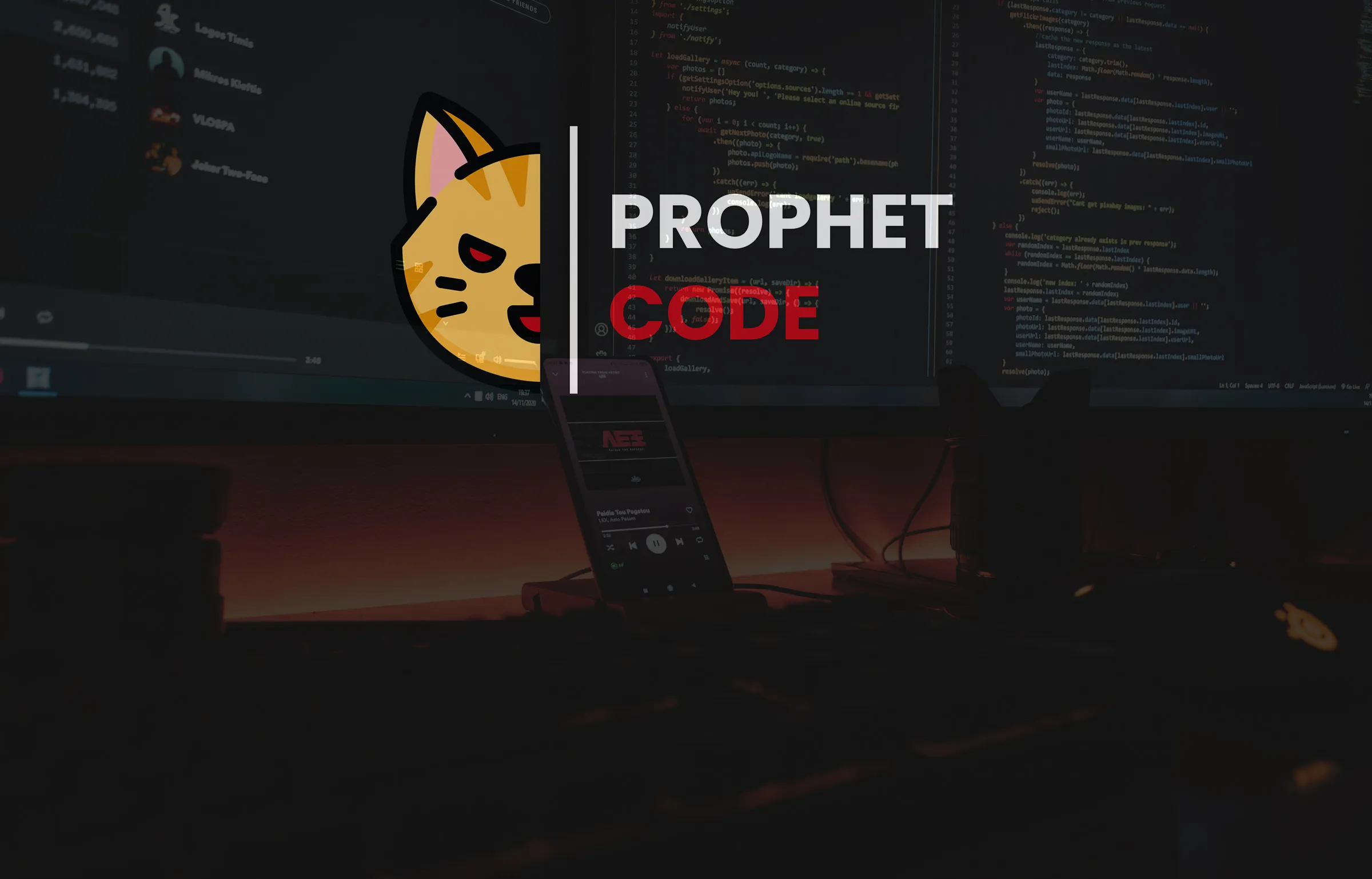 Logo de Prophet Code con fondo de código
